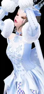 Ice princess in elegant blue and white gown with snowflakes.