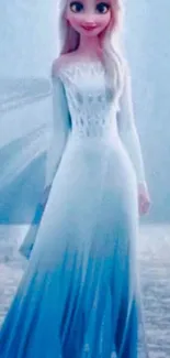 Animated ice princess in an elegant blue dress on a serene landscape.