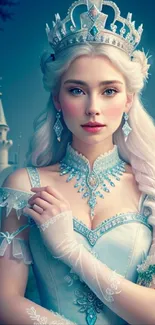 Elegant ice princess in a blue dress with a sparkling crown and castle backdrop.