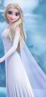 Elegant ice princess in snowy scene with flowing gown.