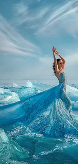 Woman in elegant blue gown on icy landscape under a sky.