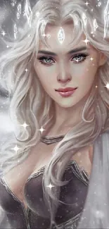 Elegant ice queen fantasy portrait wallpaper with flowing hair and crystal crown.