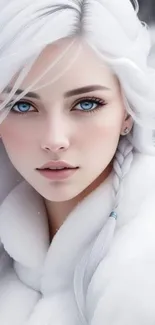 Portrait of an Ice Queen with blue eyes and white hair, perfect for mobile wallpaper.