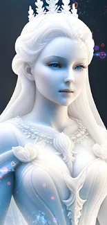 Elegant ice queen with crown in white fantasy dress.