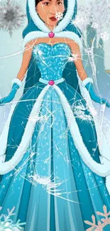 Animated ice queen in blue dress with snowflakes, perfect for winter themes.