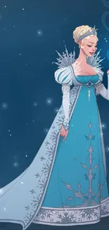 Elegant ice queen in blue gown with magical aura.