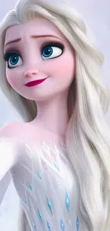 Elegant ice queen with blue eyes and white hair in a magical scene.