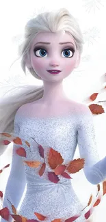 Elegant Ice Queen with autumn leaves on white background.