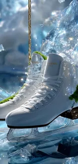 Beautifully displayed white ice skates on icy backdrop.