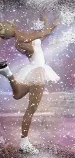 Ballerina in a white tutu on ice with sparkling snowflakes.