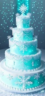 Icy cake with snowflakes and turquoise hues, ideal for winter backgrounds.