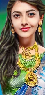 Illustrated portrait wallpaper with woman in traditional attire.