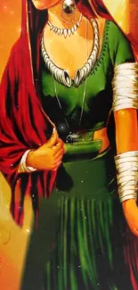 Illustrated Indian woman in vibrant traditional attire with red and green hues.