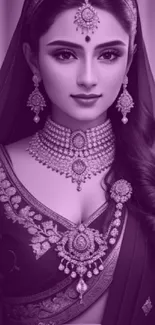 Elegant Indian bridal portrait in purple tones showcasing traditional jewelry.