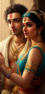 Indian couple in traditional attire with artistic detail.