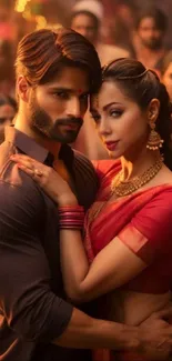 Elegantly dressed Indian couple embracing at a vibrant cultural event.