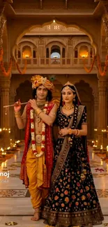 Indian wedding scene with traditional attire and lavish decor.