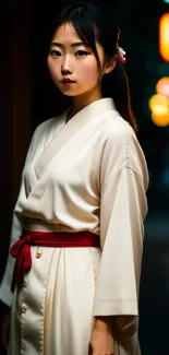 Elegant Japanese woman in kimono at night scene.