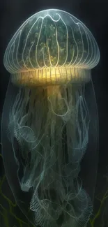 A glowing jellyfish floats in a dark ocean, showcasing its elegant beauty.