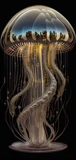 Elegant glowing jellyfish with translucent tentacles on a dark background.