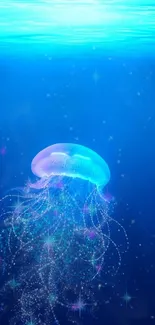 Jellyfish floating in a vibrant blue ocean with artistic design.