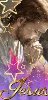 Jesus praying with golden stars around him in vibrant colors.