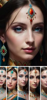 Elegant portrait with decorative jewels in vibrant colors.