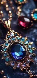 Jewelry adorned with blue gems and gold accents.