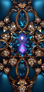 Intricate blue jewel and gold patterned wallpaper.
