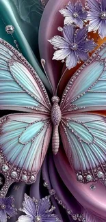 A jeweled butterfly with floral accents on a colorful mobile wallpaper.