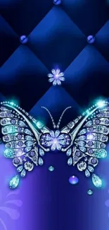 Jewel-encrusted butterfly on a dark blue mobile wallpaper background.