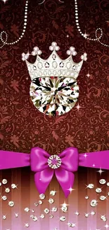 Luxurious jeweled crown with pink ribbon on brown background.