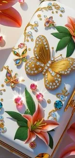 Elegant wallpaper with jeweled butterfly and colorful flowers.