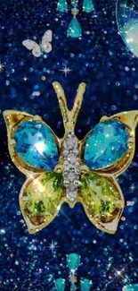 Jewel-encrusted butterfly on blue, sparkling background wallpaper.