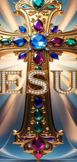 Gold cross adorned with colored jewels on a shining background.