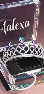 Jewel-encrusted crown in a clear box with elegant design.