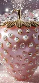 A jewel-encrusted pink strawberry with sparkling details.