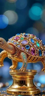 Jewel-encrusted turtle on a pedestal with colorful background.