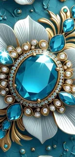 Elegant floral wallpaper with blue gemstone and gold accents.