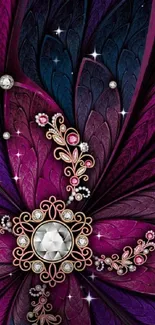 Intricate purple floral wallpaper with jewel accents.