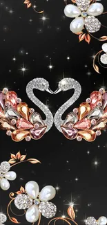 Elegant wallpaper with jeweled flowers and swans on black background.