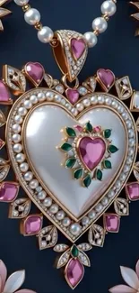 Elegant heart-shaped jewelry with pearls and gemstones on a dark background.