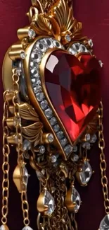 Elegant ruby heart pendant with gold chains and diamonds.