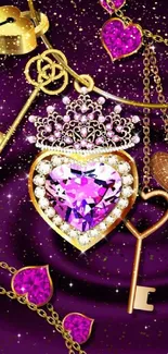 Luxurious golden heart and key wallpaper with jewels and purple background.