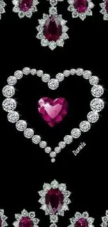 Elegant wallpaper with sparkling jewel heart design on black background.