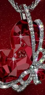 Sparkling red heart jewel with diamonds on a rich background.