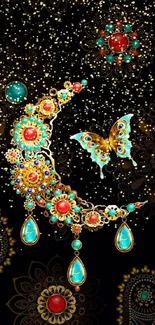 Mobile wallpaper with a jewel-studded moon and butterfly design.