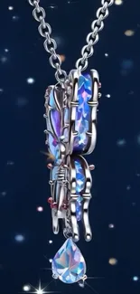 Elegant jewel necklace with gemstones on a blue background.