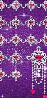 Intricate silver and ruby jewel pattern on purple background.