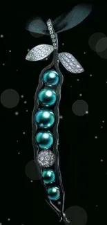 Elegant jewel pea pod with blue-green pearls on dark background.